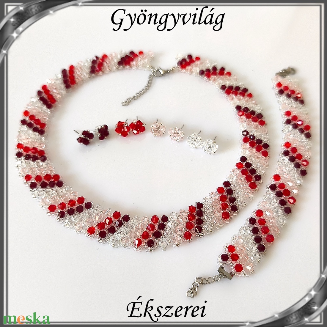 Ékszerek-szettek: Esküvői, menyasszonyi, alkalmi ékszer szett,  SSZ-ÜGY007 01 BI  clear-rózsaszín-piros-sötét piros - esküvő - ékszer - ékszerszett - Meska.hu