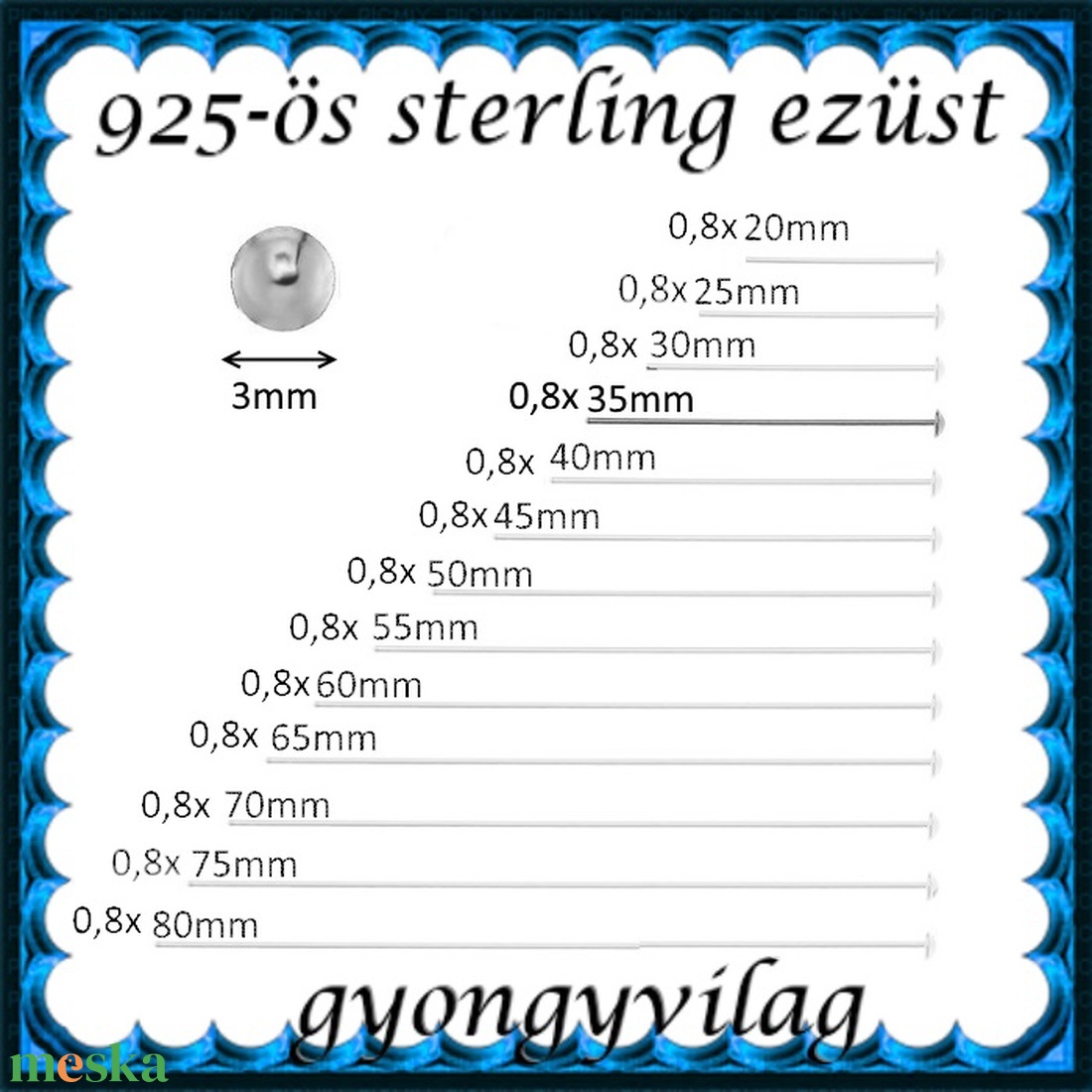 925-ös sterling ezüst ékszerkellék: szerelőpálca szög végű ESZP SZ 35x0,8 mm-es 1db/cs - kellékek & szerszámok - gyöngyfűzés kellékek - egyéb alkatrész - Meska.hu