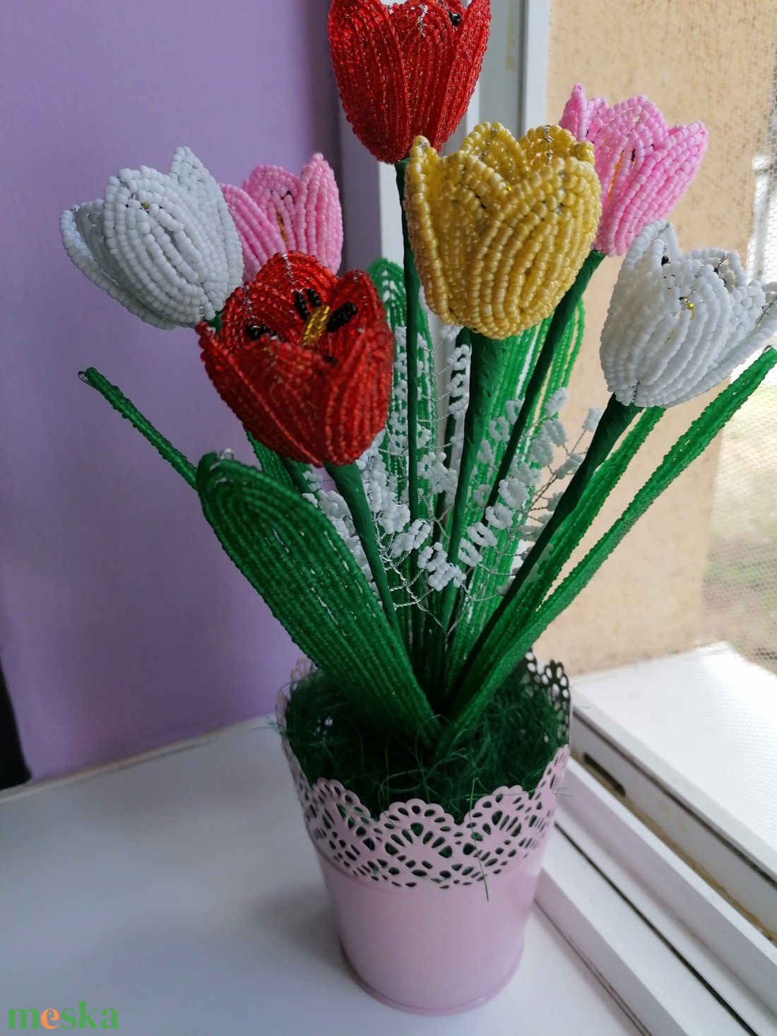 Gyöngyből készült tulipáncsokor - otthon & életmód - dekoráció - virágdísz és tartó - csokor & virágdísz - Meska.hu