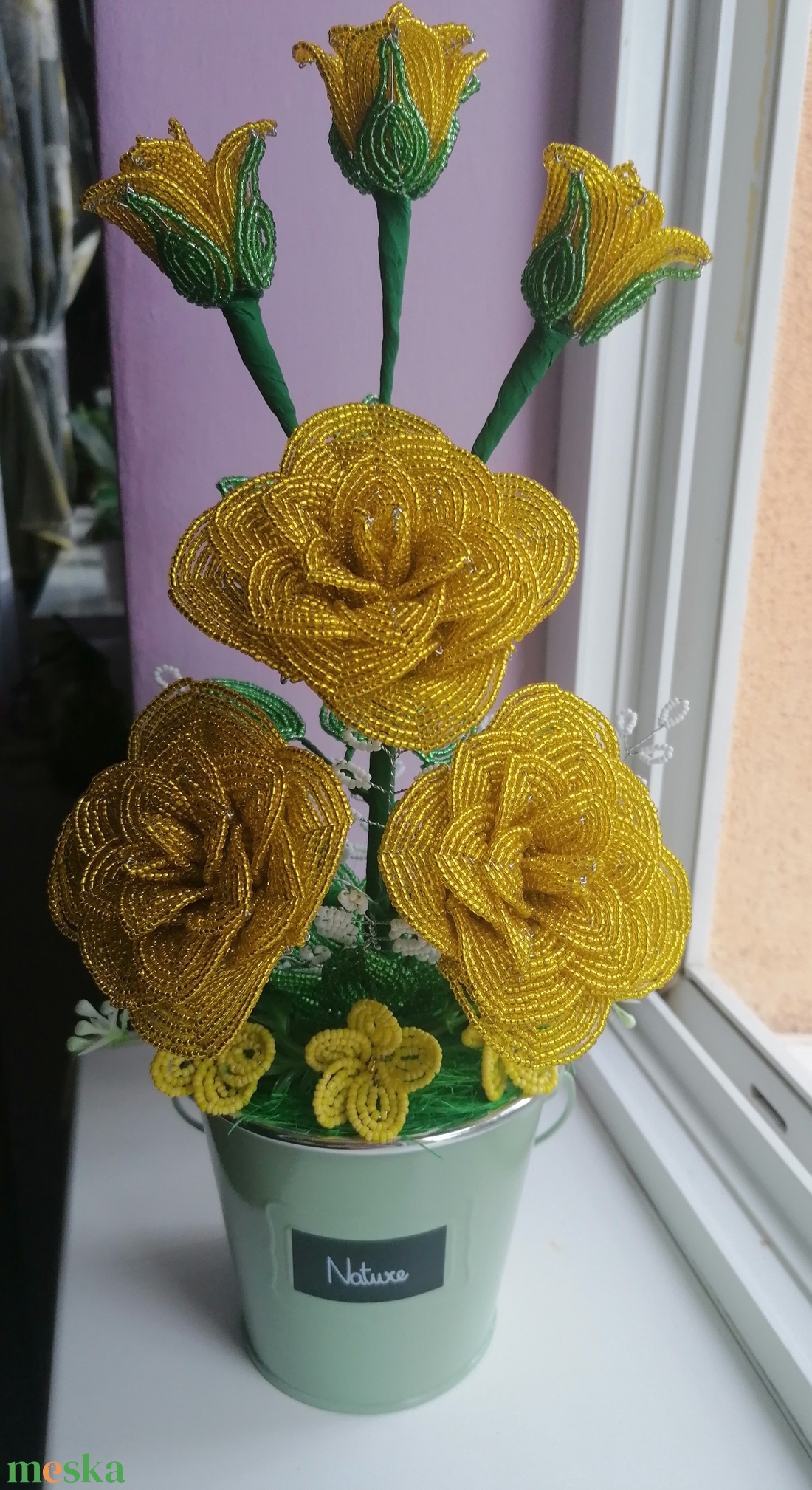 Gyöngyből készült sárga rózsa - otthon & életmód - dekoráció - virágdísz és tartó - csokor & virágdísz - Meska.hu