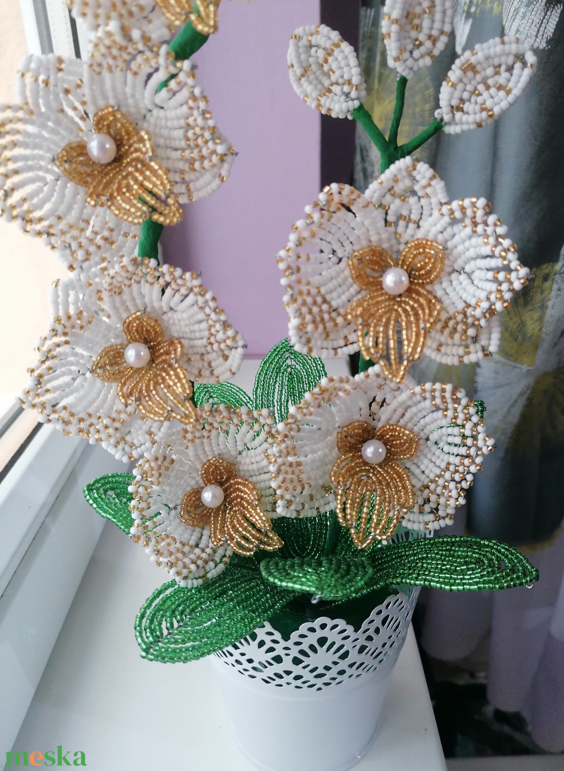 Gyöngyből készült orchidea - otthon & életmód - dekoráció - virágdísz és tartó - csokor & virágdísz - Meska.hu