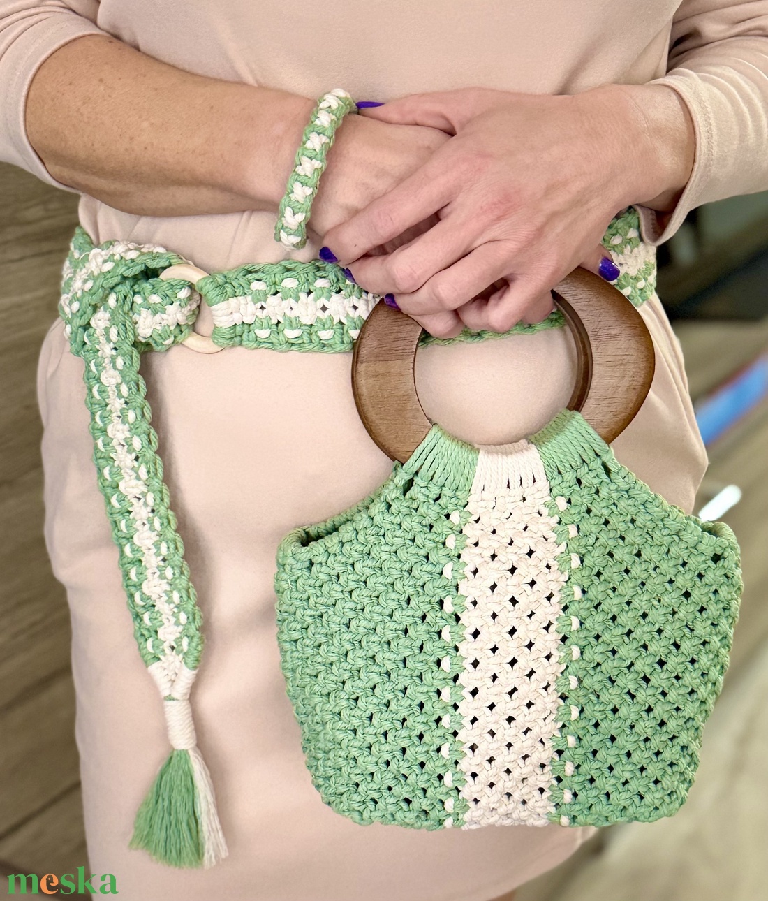 Nature � Menta Frissesség Szett (Fa fogantyús kézitáska, öv és karkötő) - táska & tok - táska szett - Meska.hu
