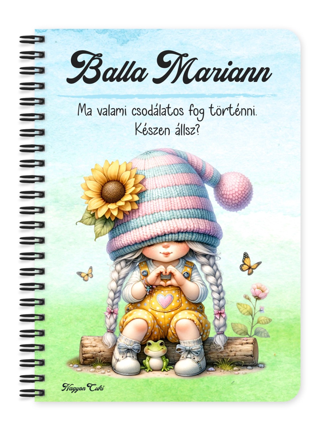 Személyre szabható - Szívecskés napraforgós manó lány mintás A6-os füzet - otthon & életmód - papír, írószer - jegyzetfüzet & napló - Meska.hu
