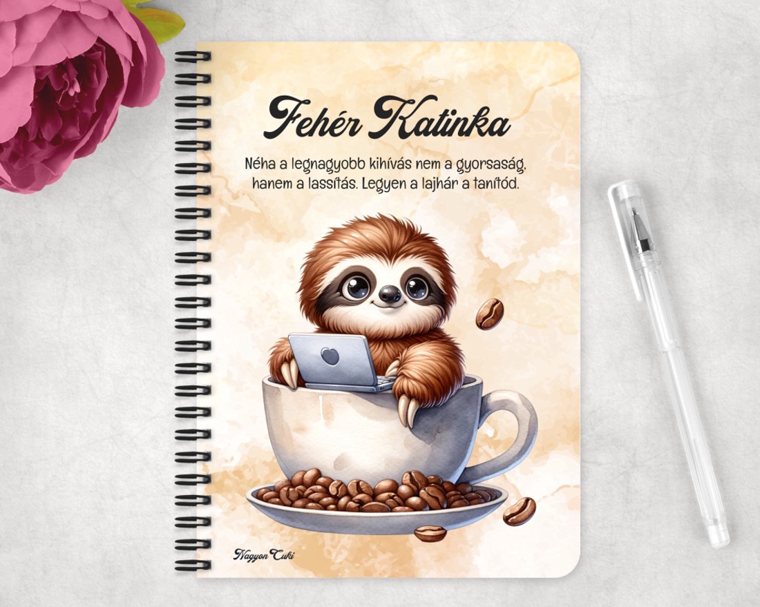 Személyre szabható - Kávés lajhár és a laptop mintás A5-ös füzet - otthon & életmód - papír, írószer - jegyzetfüzet & napló - Meska.hu