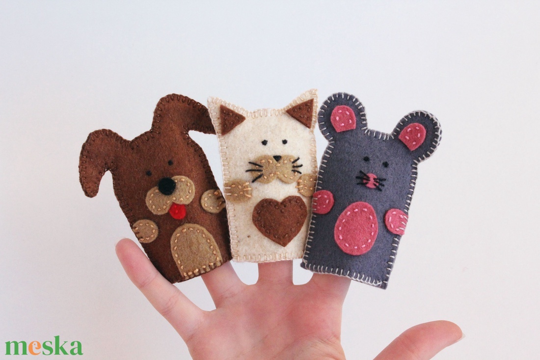 3 db ujjbáb - kutya, cica, egér gyapjúfilc ujjbábok - játék & sport - bábok - ujjbáb - Meska.hu