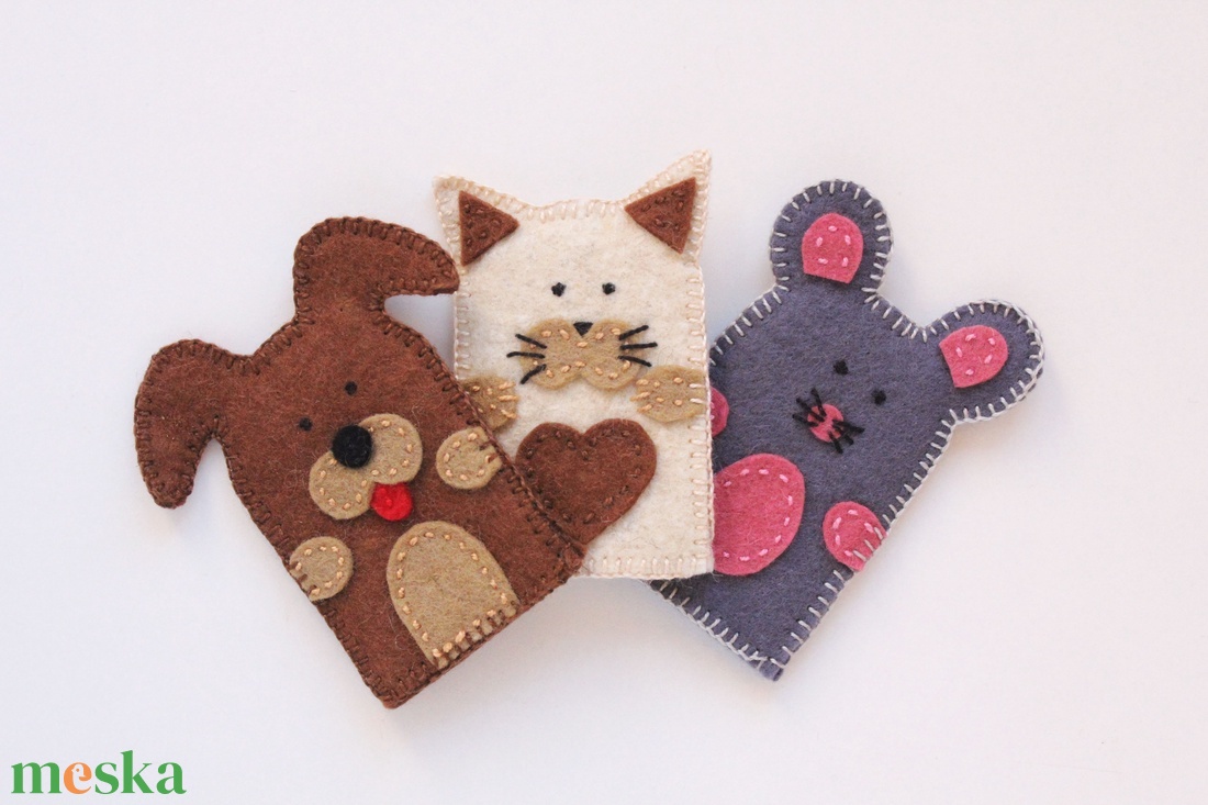 3 db ujjbáb - kutya, cica, egér gyapjúfilc ujjbábok - játék & sport - bábok - ujjbáb - Meska.hu