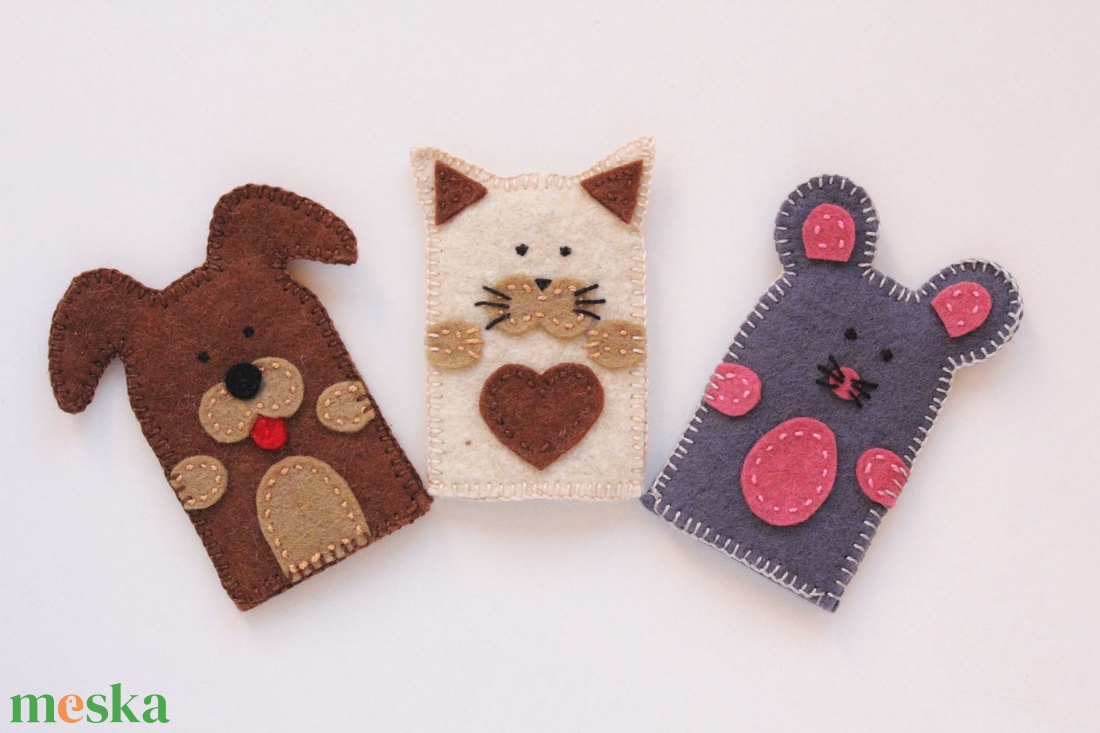 3 db ujjbáb - kutya, cica, egér gyapjúfilc ujjbábok - játék & sport - bábok - ujjbáb - Meska.hu