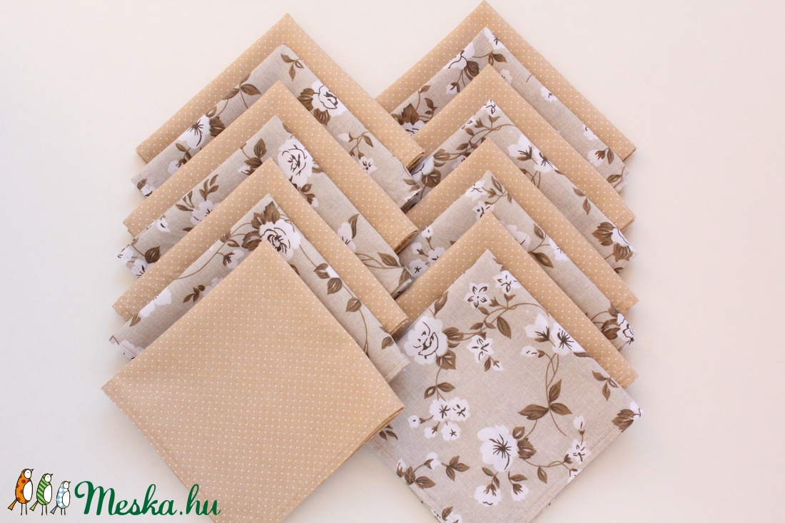 15 db textil szalvéta, 100% pamutvászon - világosbarna, bézs, virágos leírása -  - Meska.hu