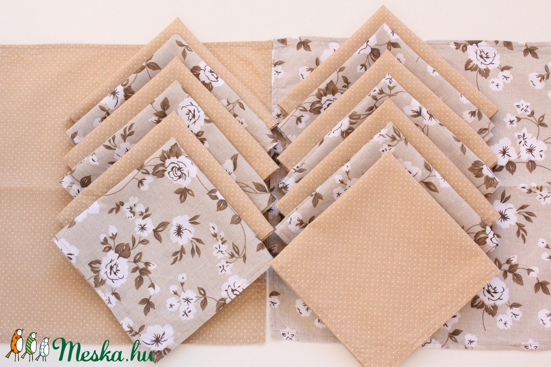 15 db textil szalvéta, 100% pamutvászon - világosbarna, bézs, virágos leírása -  - Meska.hu