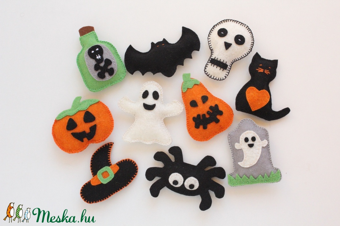 10 db Halloween filc (függő) díszek - denevér, fekete macska, pók, tökök, szellem, koponya, boszisapka, méreg, sírkő - - Meska.hu 10 db Halloween filc (függő) díszek - denevér, fekete macska, pók, tökök, szellem, koponya, boszisapka, méreg, sírkő - - Meska.hu