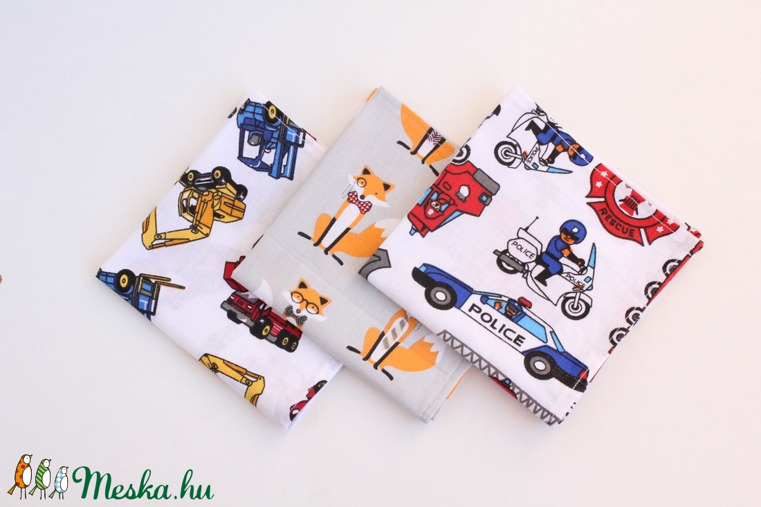 3 db fiús textil szalvéta, 100% pamutvászon - markolós/munkagépes, rendőr- és tűzoltóautós, rókás -  - Meska.hu