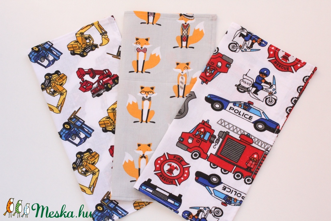 3 db fiús textil szalvéta, 100% pamutvászon - markolós/munkagépes, rendőr- és tűzoltóautós, rókás -  - Meska.hu