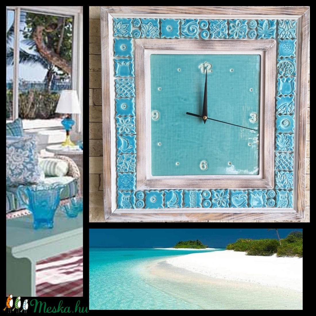 ,Ékes Türkiz Keretezett Kerámia Falióra -  - Meska.hu