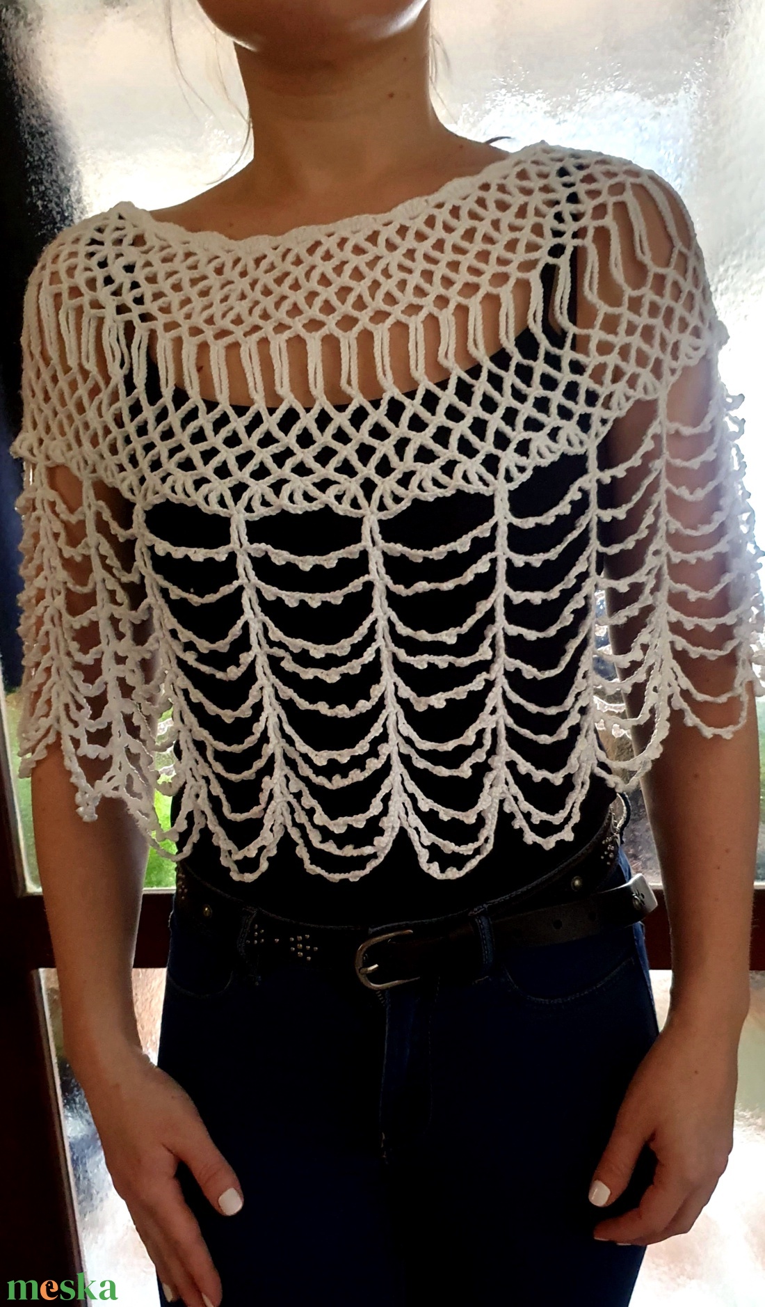 Horgolt fehér, modern boleró, vállkendő, poncsó - esküvő - kiegészítők - bolero és válltakaró - Meska.hu