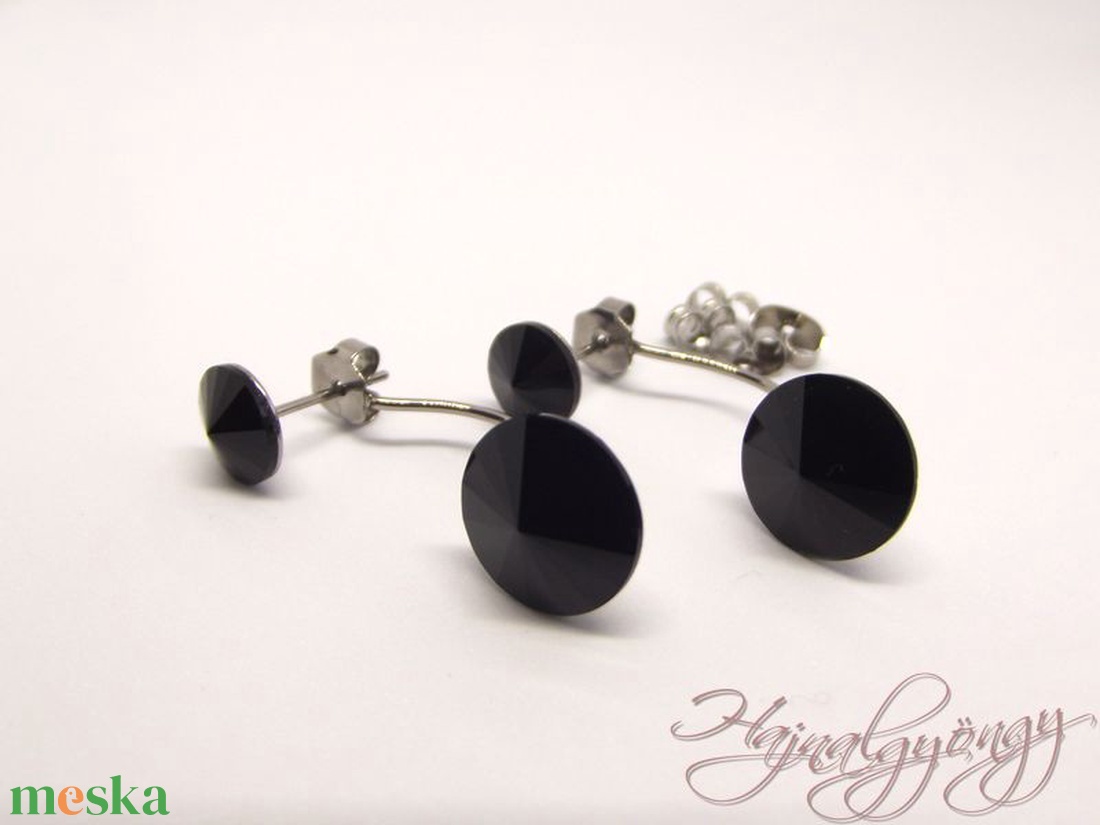 Swarovski bedugós DUPLA fülbevaló - JET /nemesacél/  - ékszer - fülbevaló - lógó fülbevaló - Meska.hu