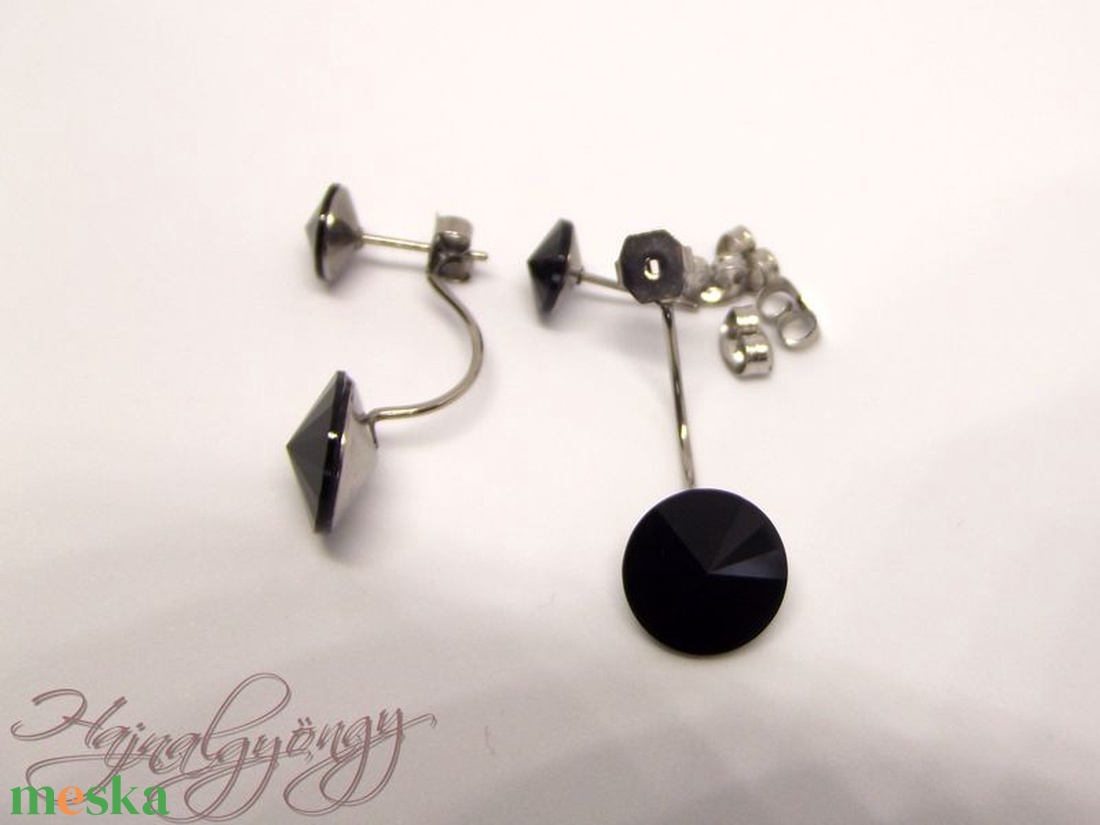 Swarovski bedugós DUPLA fülbevaló - JET /nemesacél/  - ékszer - fülbevaló - lógó fülbevaló - Meska.hu