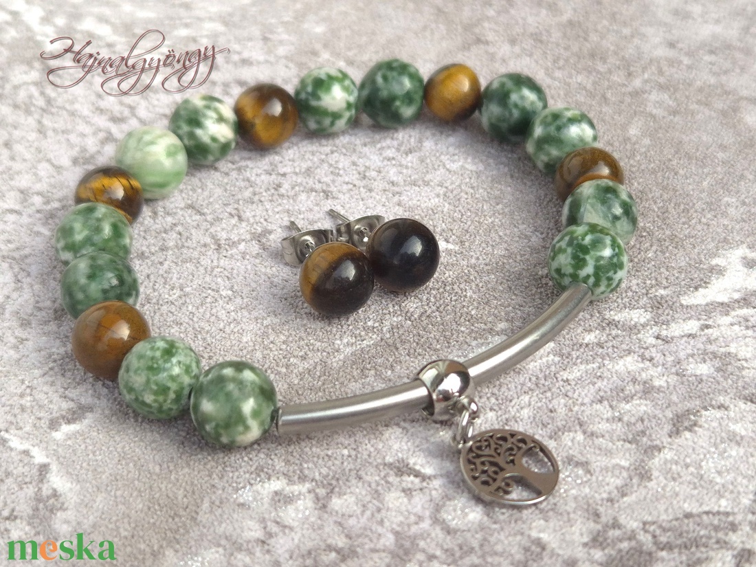 Pettyes zöld jáde és tigrisszem szett - ékszer - ékszerszett - Meska.hu