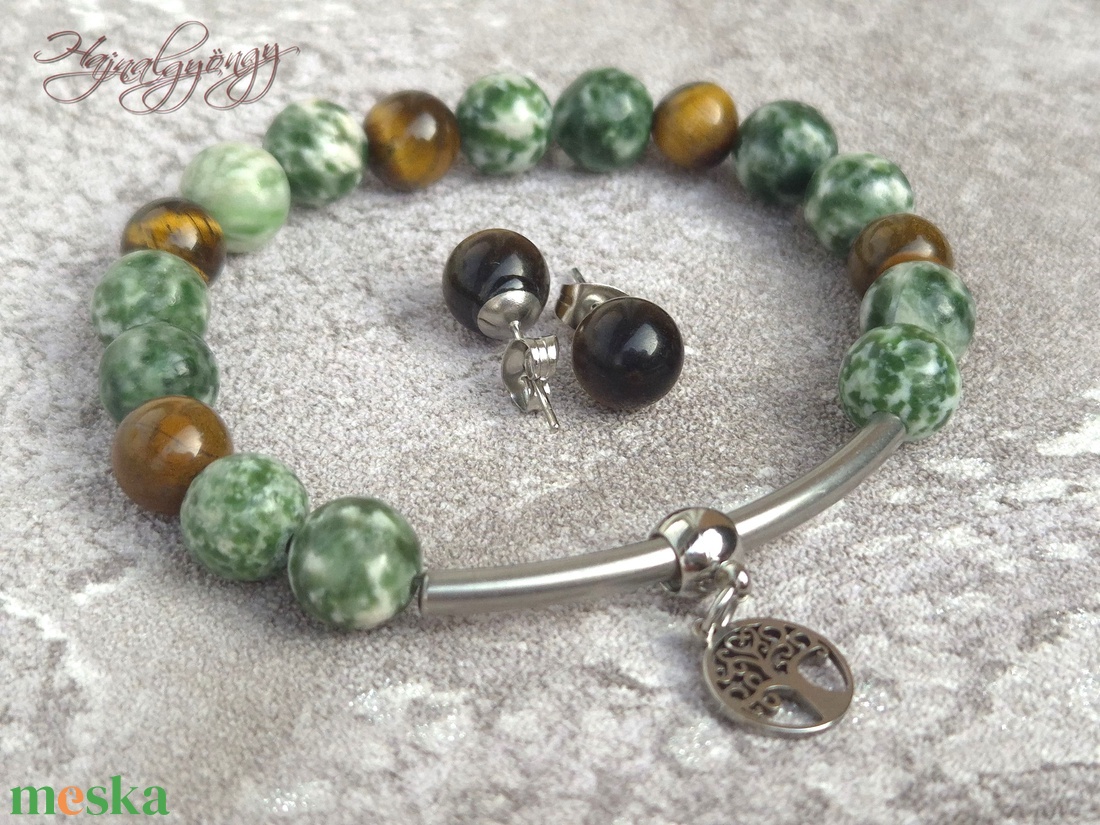 Pettyes zöld jáde és tigrisszem szett - ékszer - ékszerszett - Meska.hu