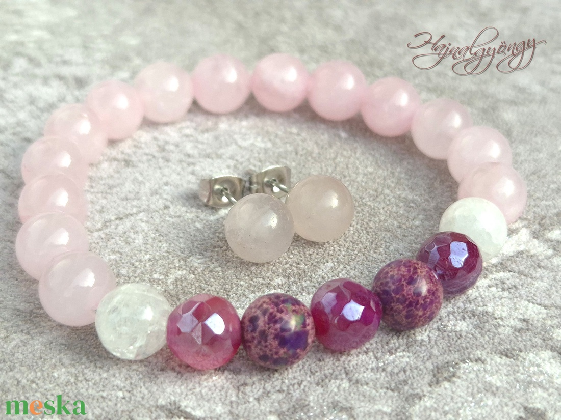 Rózsakvarc, achát, és hegyikristály szett - ékszer - ékszerszett - Meska.hu