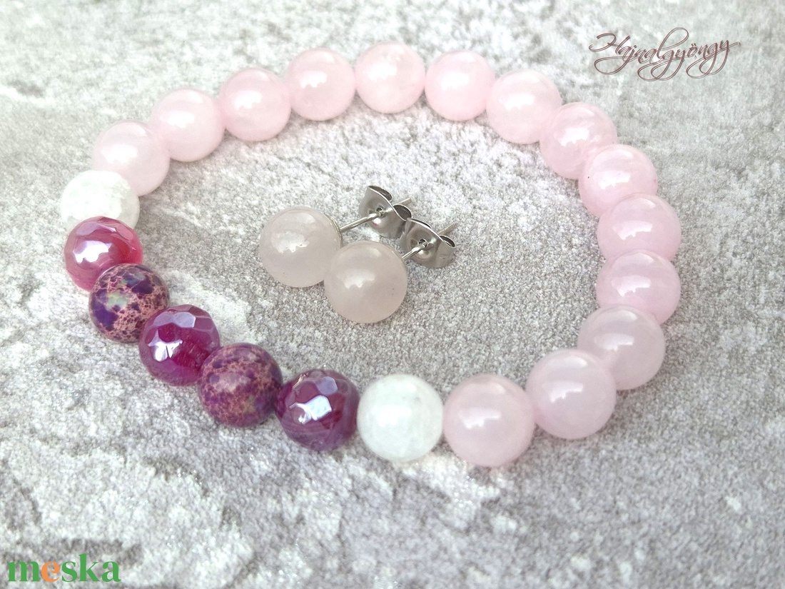 Rózsakvarc, achát, és hegyikristály szett - ékszer - ékszerszett - Meska.hu