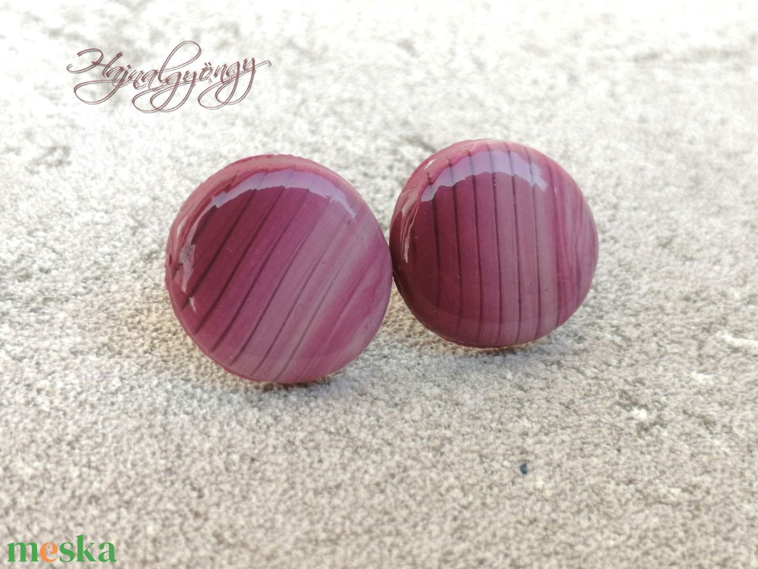 Rózsaszín csíkos nagy fülbevaló - ékszer - fülbevaló - pötty fülbevaló - Meska.hu