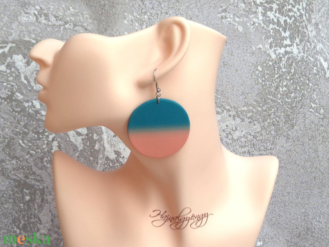 NAGY KÖR nemesacél fülbevaló - petrol-korall - ékszer - fülbevaló - lógós kerek fülbevaló - Meska.hu