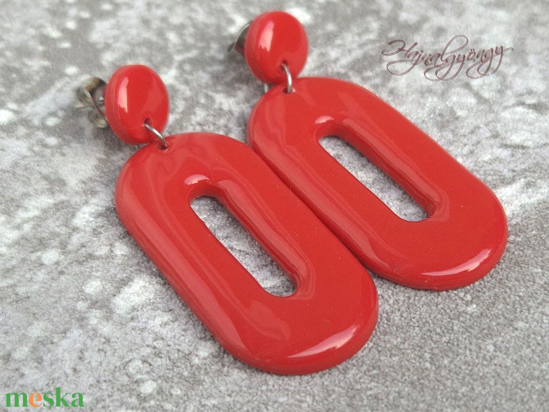 PIROS OVÁLIS fülbevaló - ékszer - fülbevaló - lógó fülbevaló - Meska.hu