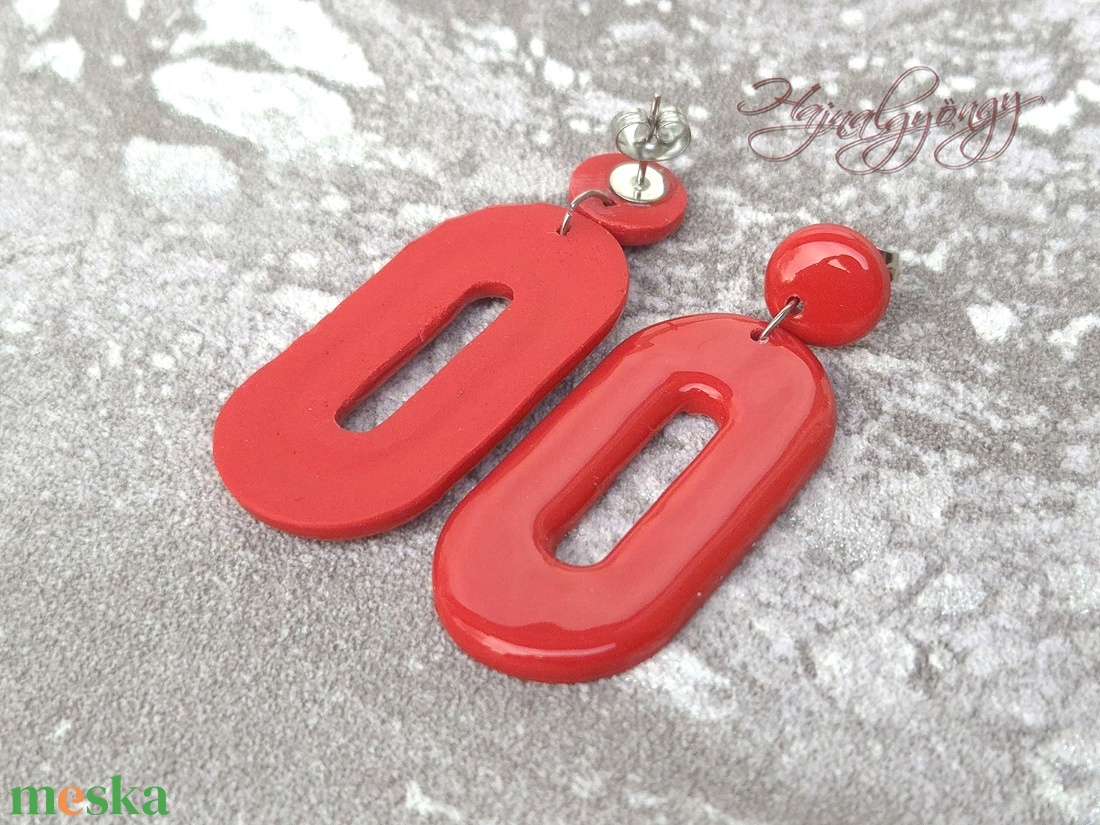 PIROS OVÁLIS fülbevaló - ékszer - fülbevaló - lógó fülbevaló - Meska.hu