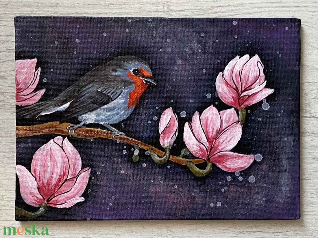 Vörösbegy magnóliák között - művészet - festmény - akril - Meska.hu