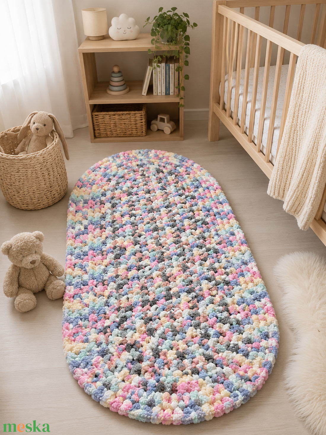 Kézzel horgolt zsenília babaszobai szőnyeg � pasztell színek � 125�48 cm - otthon & életmód - lakástextil - szőnyeg - horgolt szőnyeg - Meska.hu