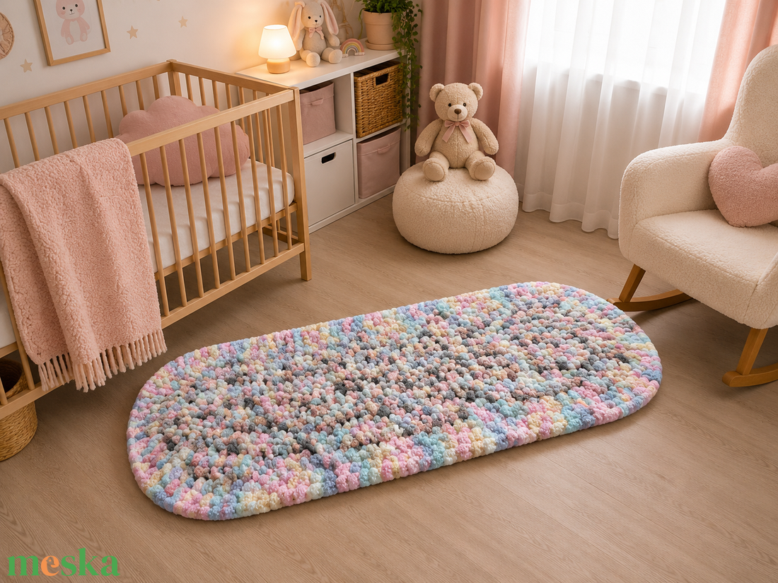 Kézzel horgolt zsenília babaszobai szőnyeg � pasztell színek � 125�48 cm - otthon & életmód - lakástextil - szőnyeg - horgolt szőnyeg - Meska.hu