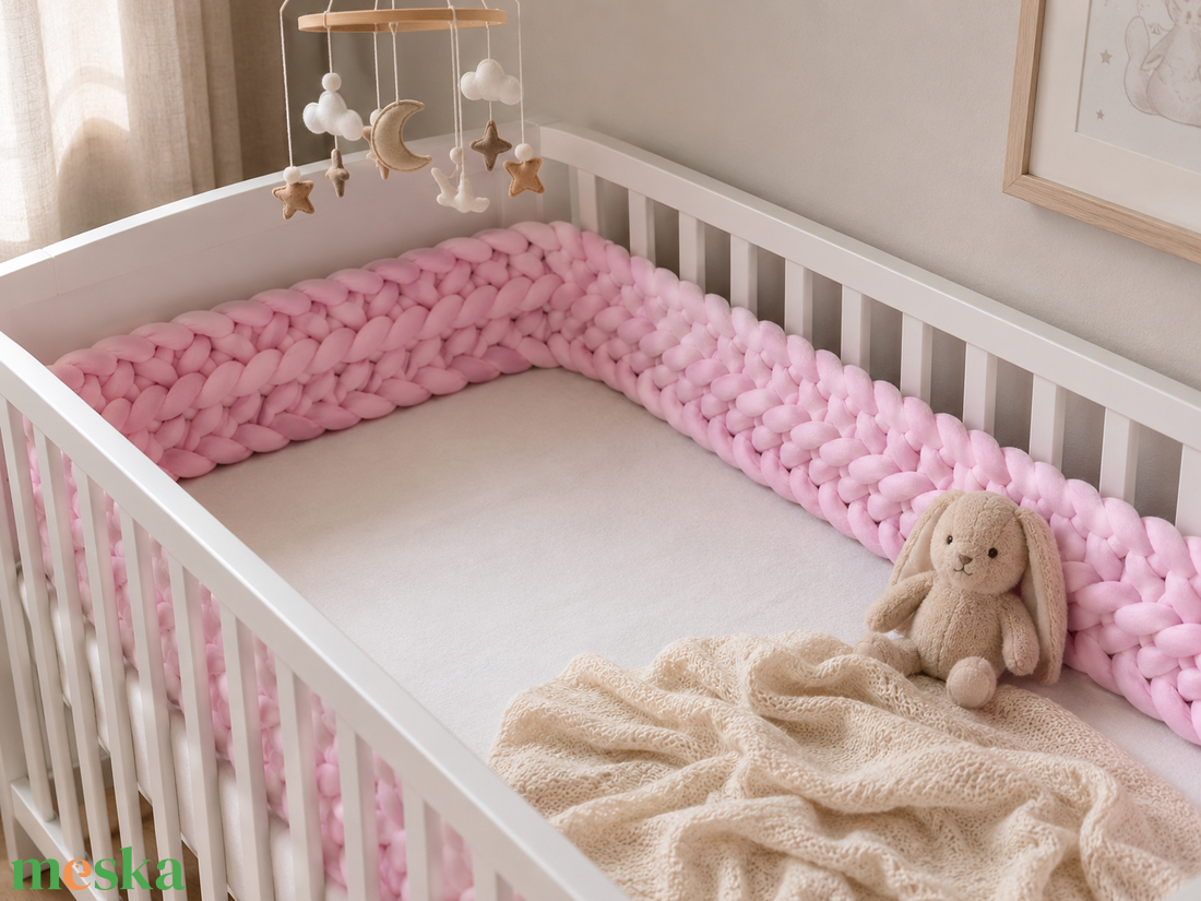 Horgolt baba ágyrács védő � púder rózsaszín 420 cm  - baba - mama - baba ágynemű - rácsvédő & baldachin - Meska.hu