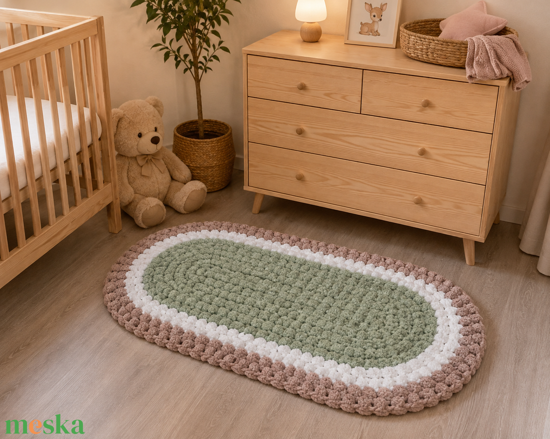  Horgolt baba szőnyeg � zsályazöld, fehér, barna  - baba - mama - baba játékok - játszószőnyeg - Meska.hu