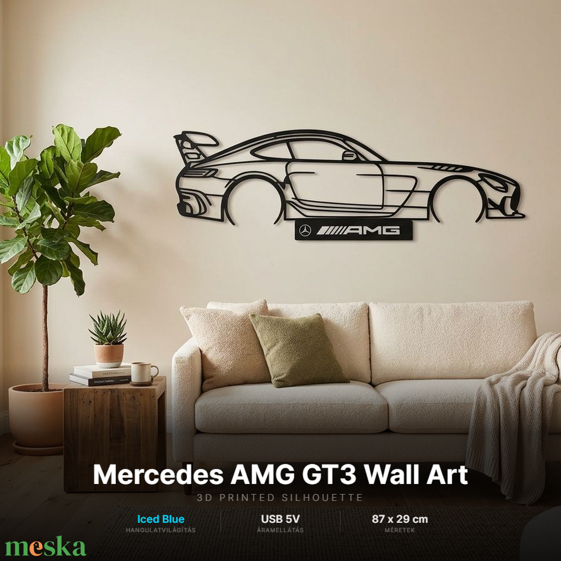 Mercedes AMG GT  3D nyomtatott sziluett falidísz LED háttérvilágítással - otthon & életmód - dekoráció - fali és függő dekoráció - falra akasztható dekor - Meska.hu