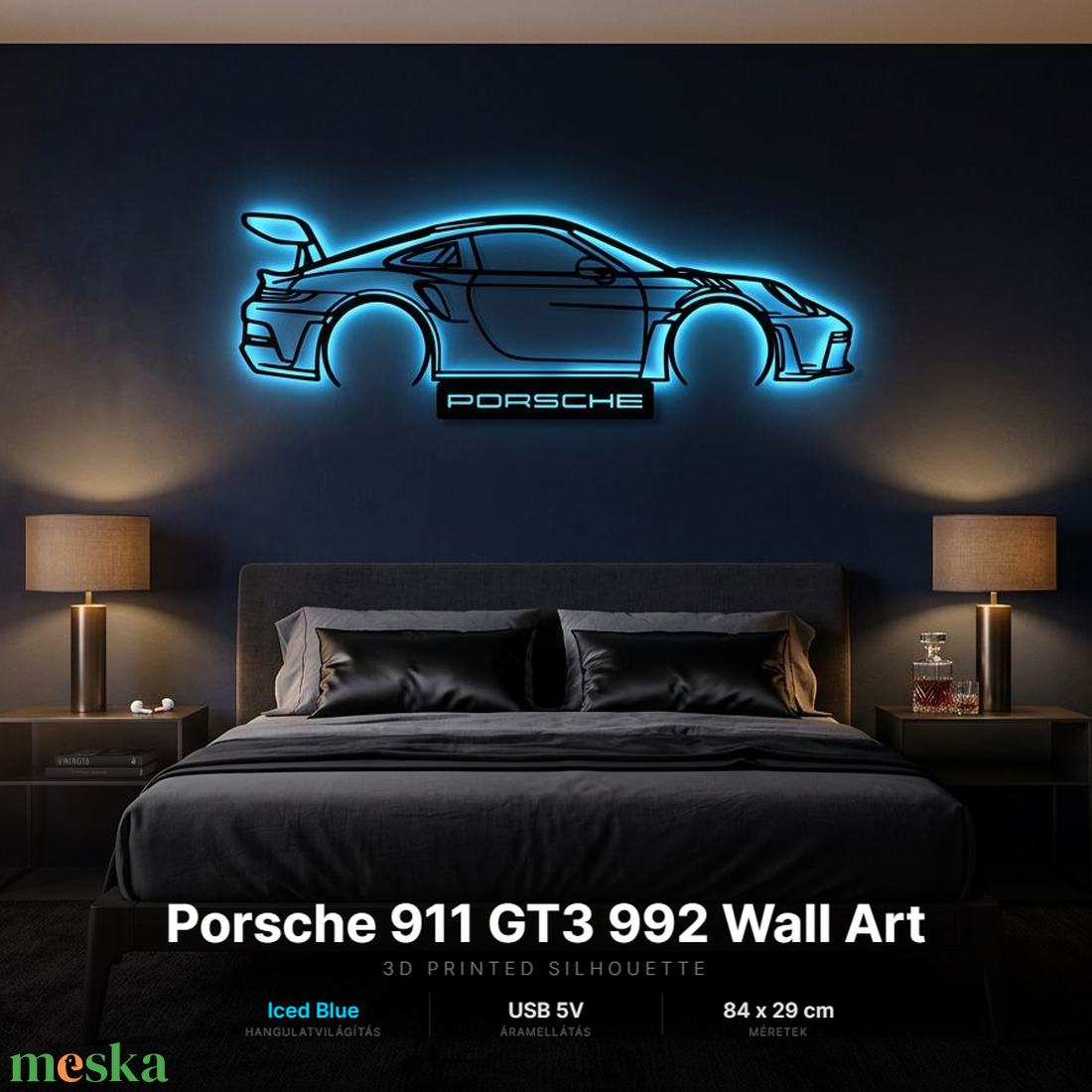 Porsche 911 GT3 - 3D nyomtatott sziluett falidísz LED háttérvilágítással - otthon & életmód - dekoráció - fali és függő dekoráció - falra akasztható dekor - Meska.hu