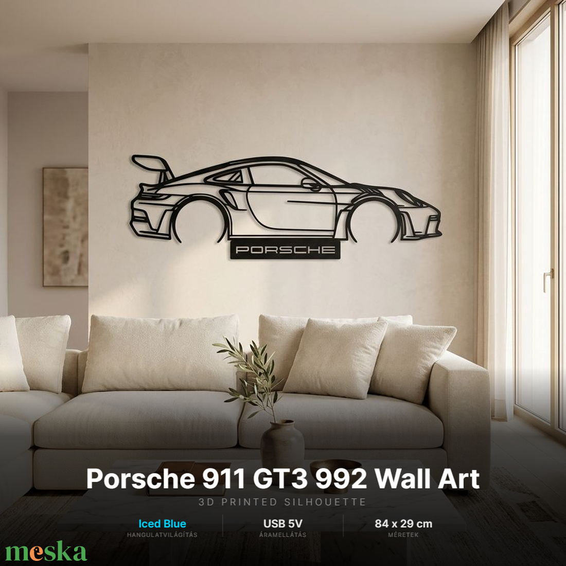 Porsche 911 GT3 - 3D nyomtatott sziluett falidísz LED háttérvilágítással - otthon & életmód - dekoráció - fali és függő dekoráció - falra akasztható dekor - Meska.hu
