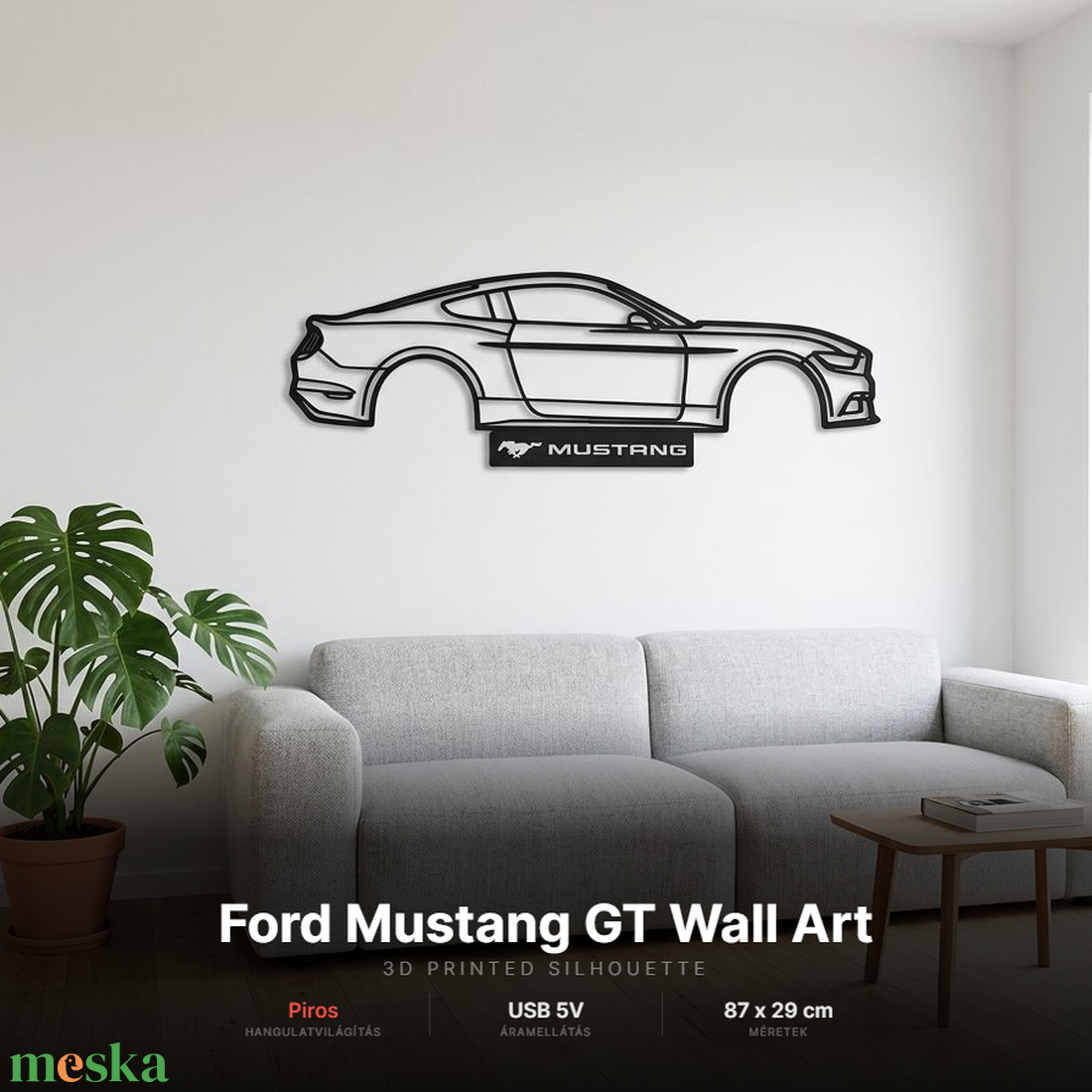 Ford Mustang GT - 3D nyomtatott sziluett falidísz LED háttérvilágítással - otthon & életmód - dekoráció - fali és függő dekoráció - falra akasztható dekor - Meska.hu