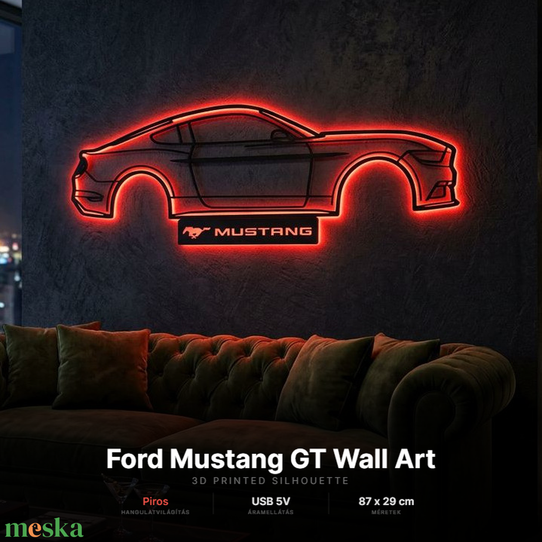 Ford Mustang GT - 3D nyomtatott sziluett falidísz LED háttérvilágítással - otthon & életmód - dekoráció - fali és függő dekoráció - falra akasztható dekor - Meska.hu