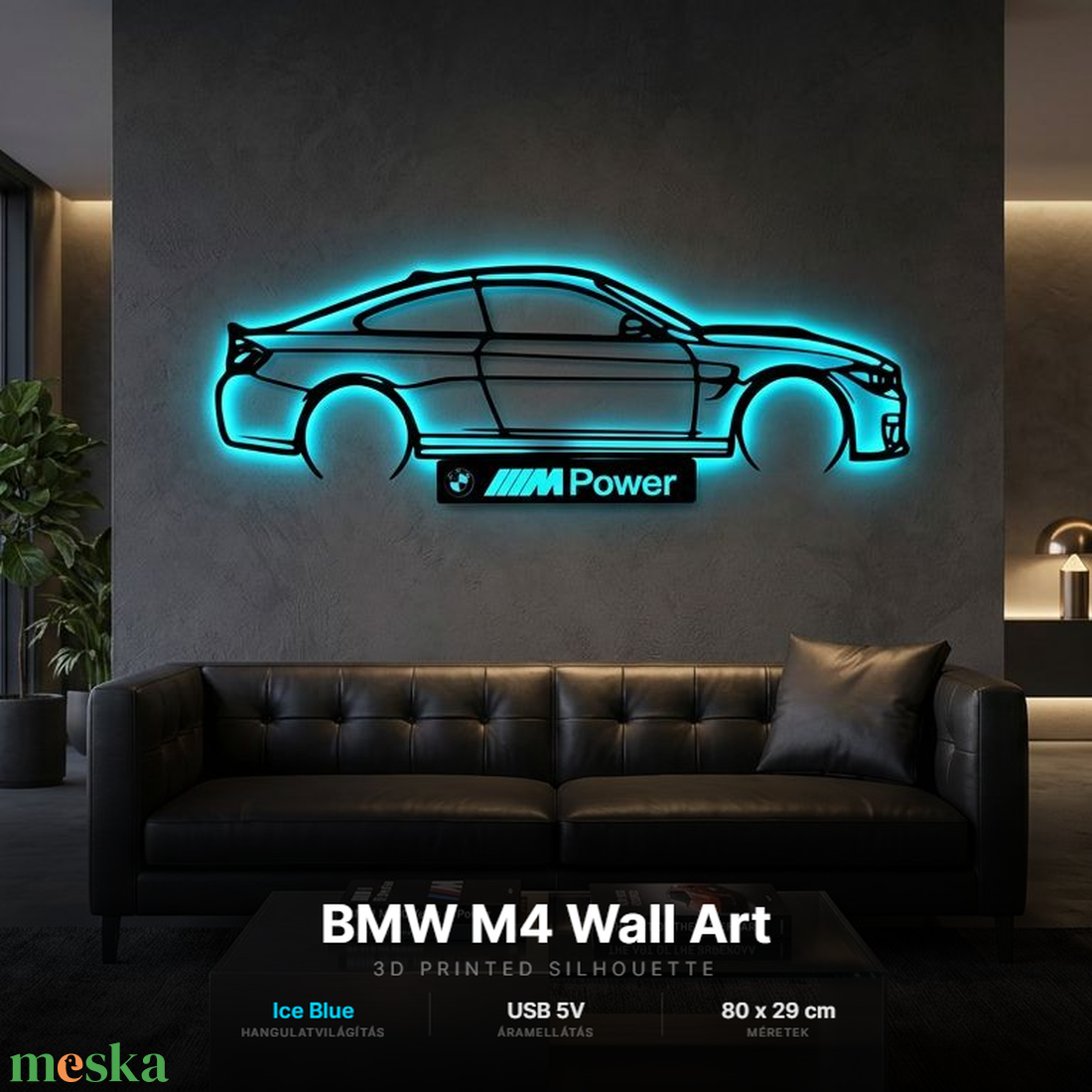 BMW M4 - 3D nyomtatott sziluett falidísz LED háttérvilágítással - otthon & életmód - dekoráció - fali és függő dekoráció - falra akasztható dekor - Meska.hu