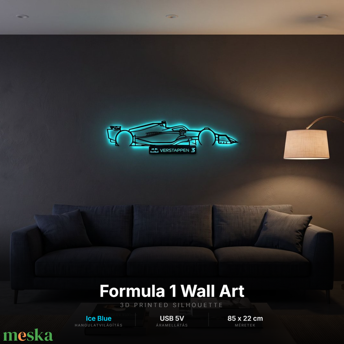 Forma-1 versenyautó - 3D nyomtatott sziluett falidísz LED háttérvilágítással, egyedi névtáblával - otthon & életmód - dekoráció - fali és függő dekoráció - falra akasztható dekor - Meska.hu