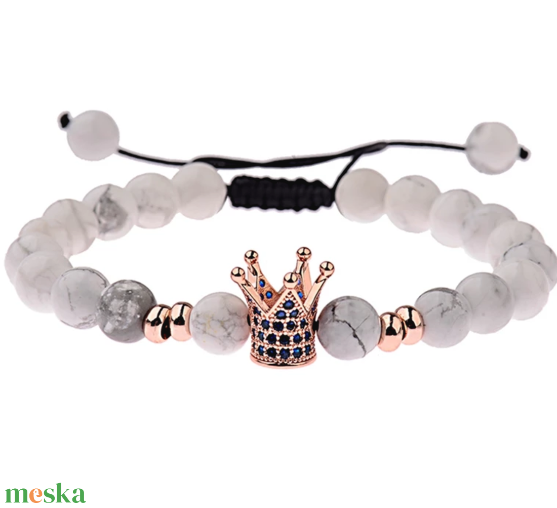 Fehér howlit ásvány karkötő rose gold koronával és kisérő cirkón szett karkőtő - ékszer - karkötő - gyöngyös karkötő - Meska.hu Fehér howlit ásvány karkötő rose gold koronával és kisérő cirkón szett karkőtő - ékszer - karkötő - gyöngyös karkötő - Meska.hu