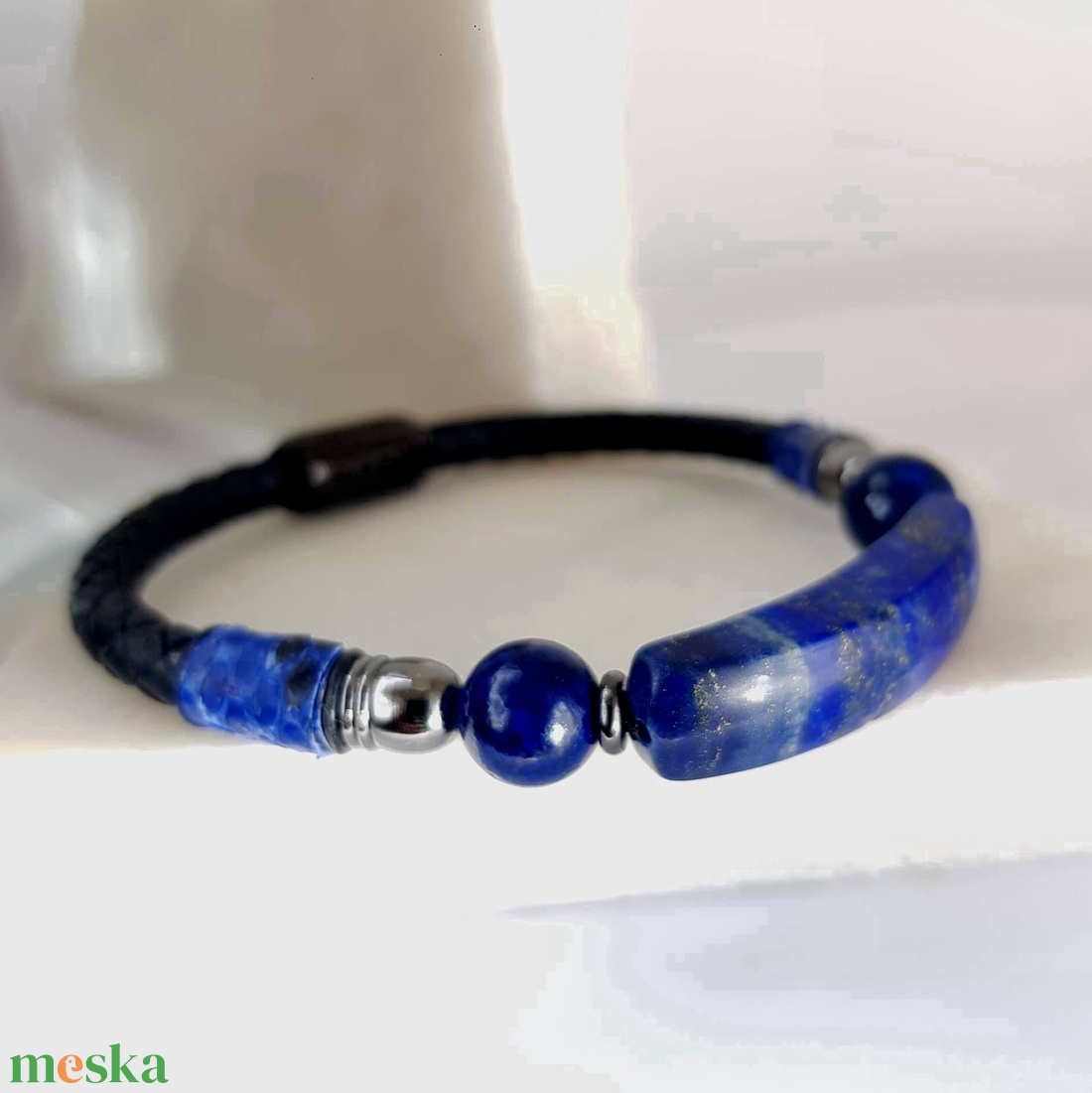 Lapsi Lazuli ásvány kő karkötő férfi fonott fekete bőrőn - ékszer - karkötő - karperec - Meska.hu Lapsi Lazuli ásvány kő karkötő férfi fonott fekete bőrőn - ékszer - karkötő - karperec - Meska.hu
