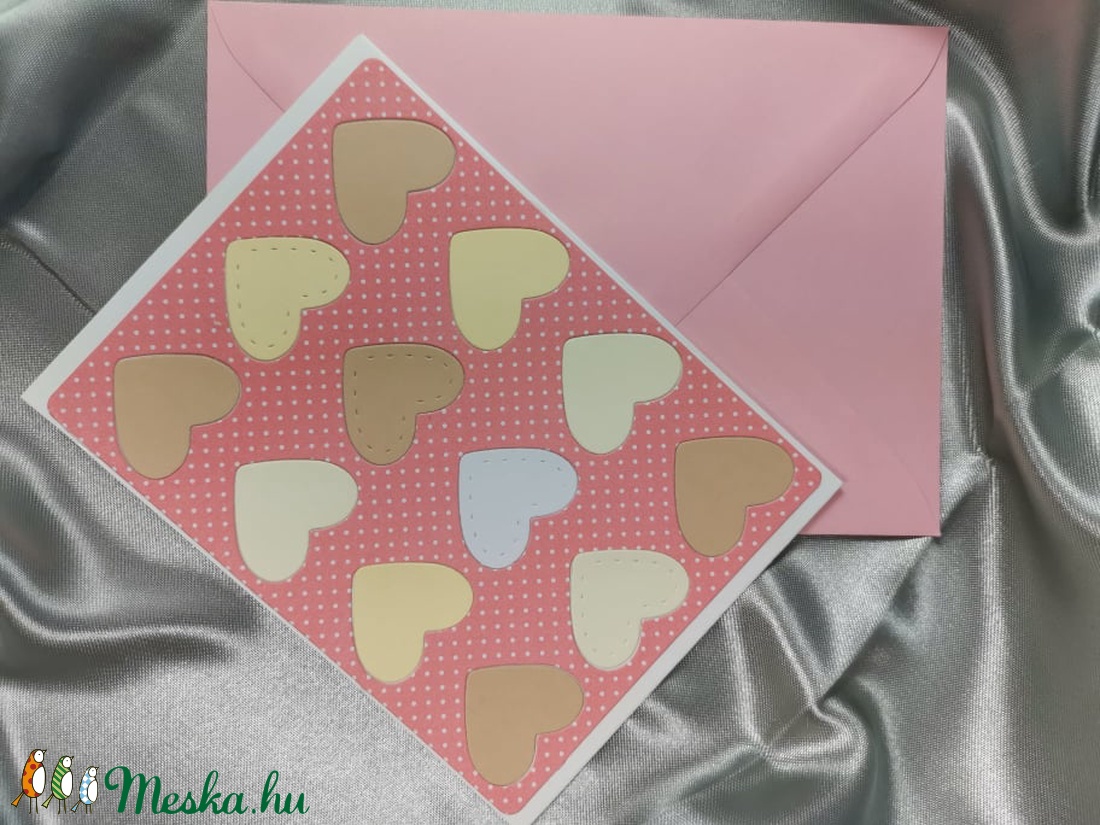 Egy tucat szív  - rózsaszín pasztell sárga képeslap, üdvözlőlap, ajándékkísérő : HMB2103_83 - otthon & lakás - papír írószer - képeslap & levélpapír - Meska.hu