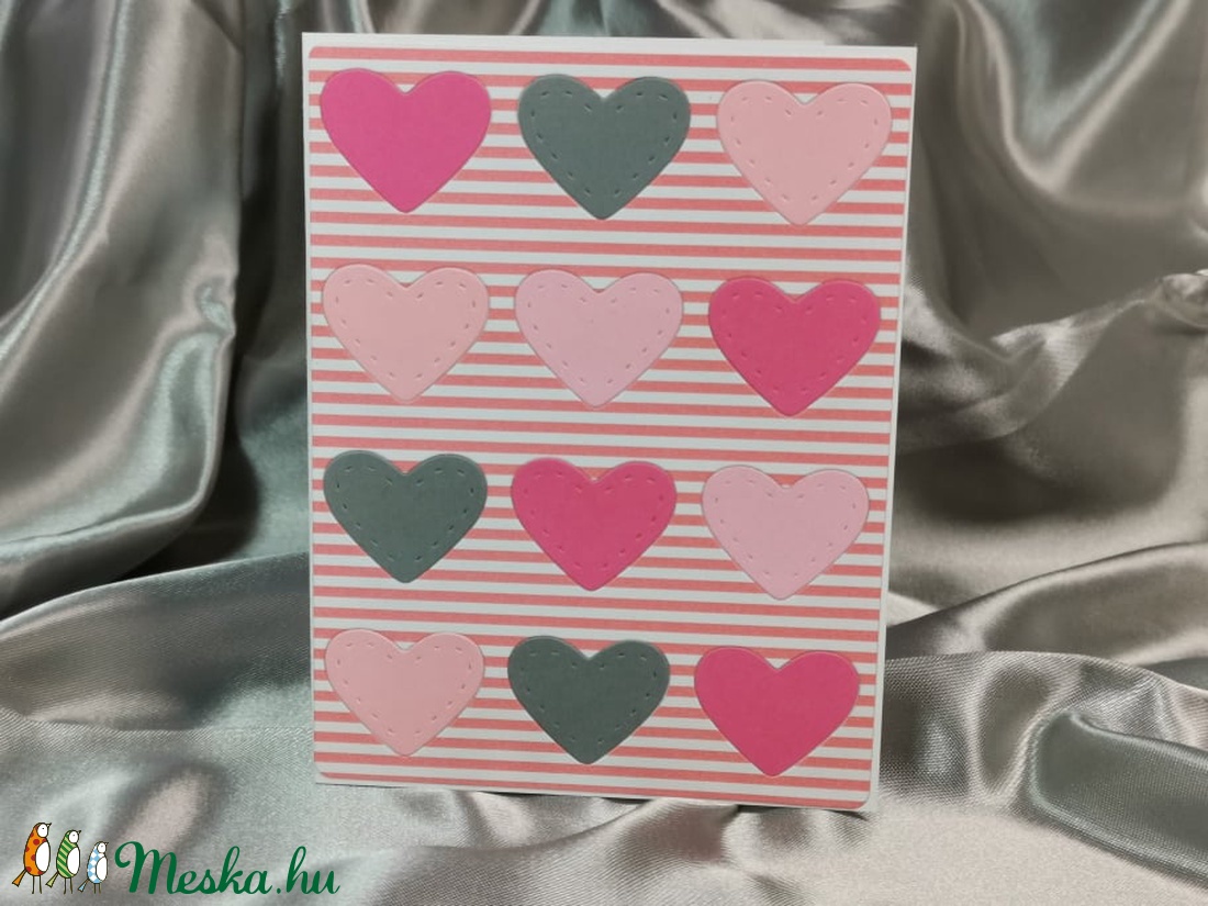 Egy tucat szív  - csíkos pink képeslap, üdvözlőlap, ajándékkísérő : HMB2103_86 - otthon & lakás - papír írószer - képeslap & levélpapír - Meska.hu