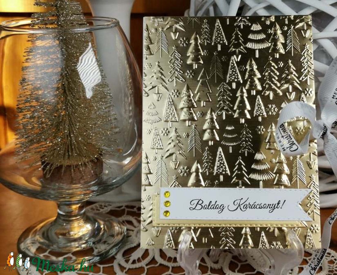 Arany pénzátadó Karácsonyi zsebes ajándékkísérő üdvözlőlap szatén szalaggal, borítékkal:  HMB2110_67 - karácsony - karácsonyi ajándékozás - karácsonyi ajándékcsomagolás - Meska.hu