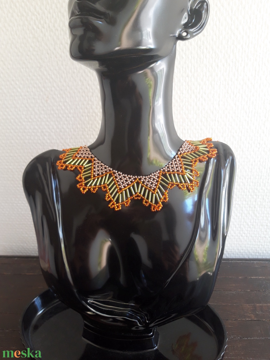 Bronz-narancs-zöld gallér nyaklánc - ékszer - nyaklánc - gyöngyös nyaklánc - Meska.hu