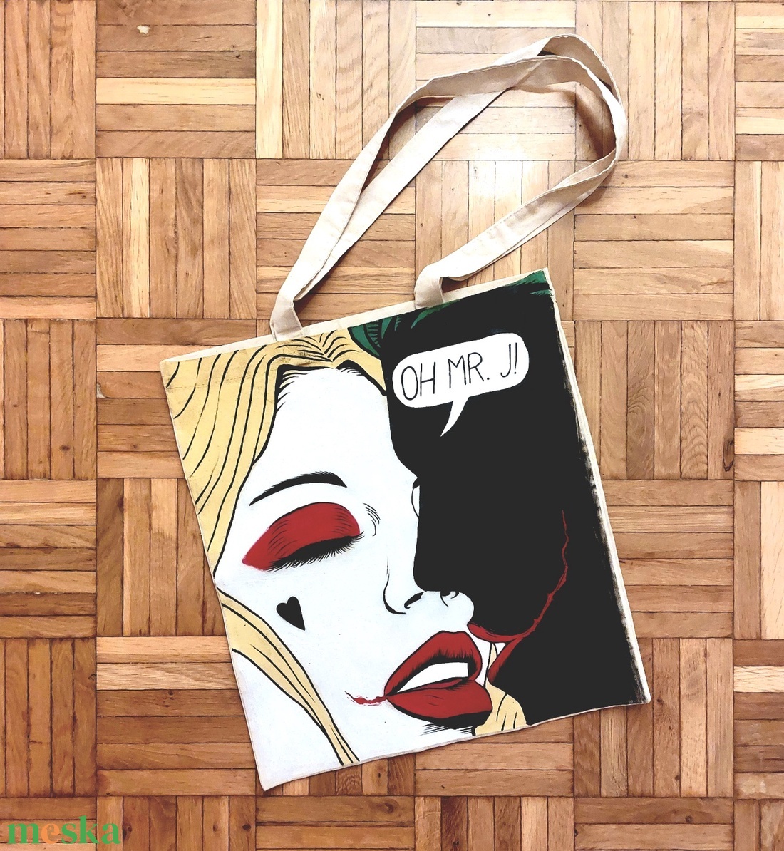 Joker és Harley Quinn kézzel festett vászontáska - táska & tok - bevásárlás & shopper táska - shopper, textiltáska, szatyor - Meska.hu