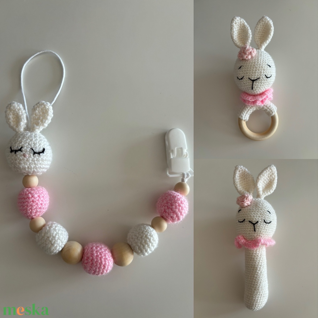 Nyuszis baba szett, babaváró ajándék (csörgő, cumilánc, nyunyóka) - játék & sport - babalátogató ajándékcsomag - Meska.hu Nyuszis baba szett, babaváró ajándék (csörgő, cumilánc, nyunyóka) - játék & sport - babalátogató ajándékcsomag - Meska.hu