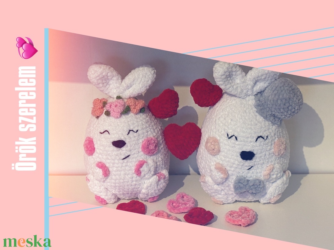 Szerelmes nyuszik szívekkel összekapcsolva  - játék & sport - plüssállat & játékfigura - nyuszi - Meska.hu