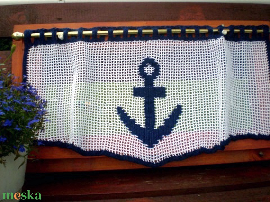 Horgonyra fel--Kék-fehér vasmacska mintás horgolt csipkés vitrázs függöny. - otthon & életmód - lakástextil - függöny és kiegészítő - vitrázs függöny - Meska.hu